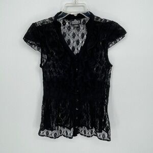 Angie Women's Black Lace Ruffle Button Front Cap Sleeve Blouse Size Large